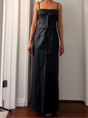 Tara Jarmon Black "Robe Tobrouk" Button-Front Corset Maxi Dress